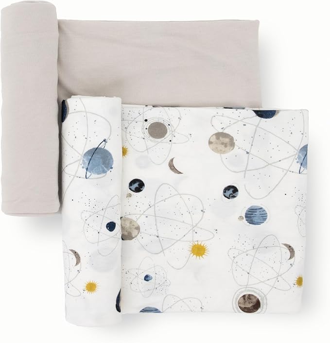 Little Unicorn Large Stretch Knit Swaddle Blanket 2 Pack| Super Soft with Optimal Stretch for swaddling | Giftable Set (Planets)