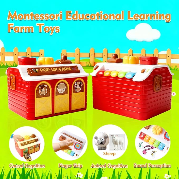 Interactive Pop up Farm Animal Toys with Music & Light & Piano, Montessori Cause and Effect Toys for 1 Year Old Boy, Toddler Early Learning Toys, Birthday Gifts for Baby Infant Toy 12-18 Months