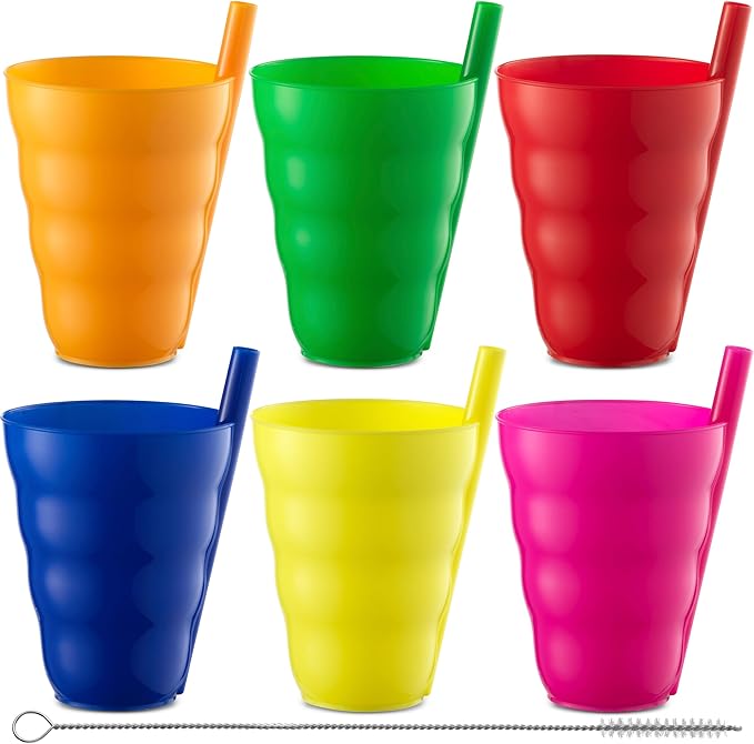 JoyServe Kids Cups - (Set of 6) - 10oz Toddler Cups with Straws for Kids - Stackable BPA-Free Plastic Sip-A-Cup Drink Tumblers for Water, Juice, Milk - Dishwasher Safe, Everyday Use, Neon Colors