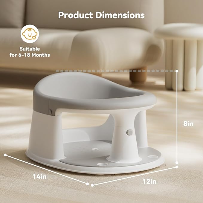 Baby Bath Seat for Babies 6 Months & Up - 360° Protection Baby Bath Chair with Temperature Alert & Cushion | Non-Slip Toddler Bathtub Seat | Newborn Infant Bath Tub Seats for Babies Sitting Up (Grey)