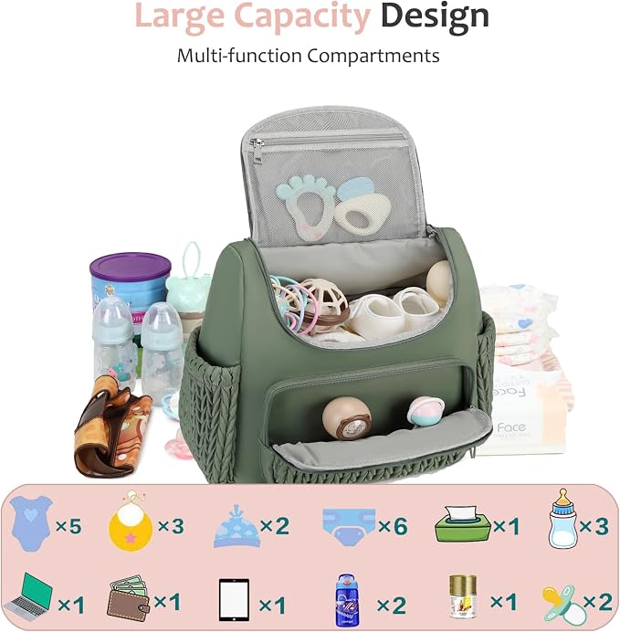 LORADI Diaper Bag Backpack, Baby Shower Gifts, Sage | Stroller Clips, Insulated Pockets, Water-resistant, Easy to Clean, Durable