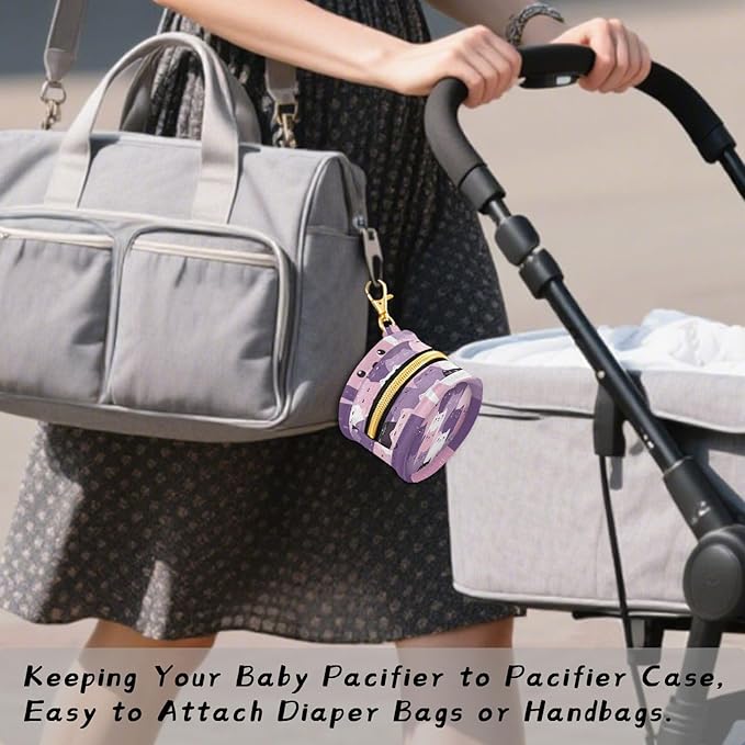 Pacifier Holder with Clip Pacifier Case for Diaper Bag Round Baby Pacifier Pouch Box Bag Portable Pink and Purple Cats