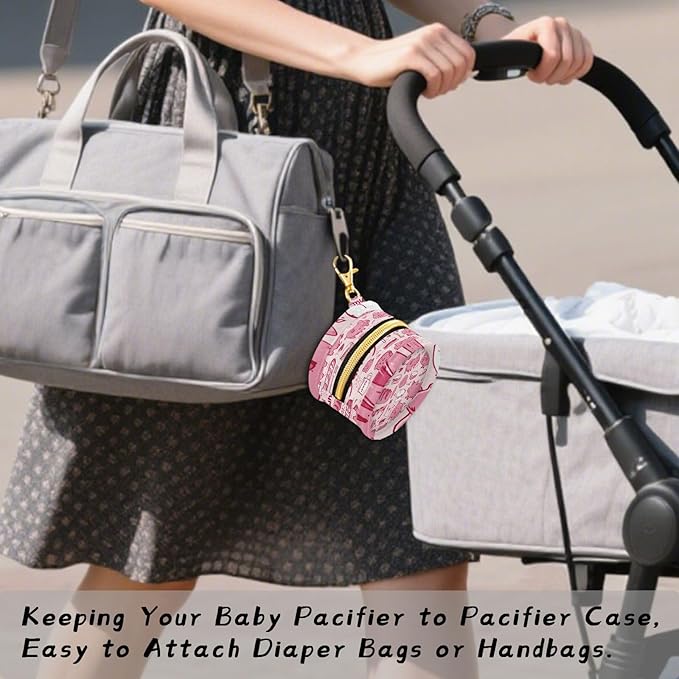 Pacifier Holder with Clip Pacifier Case for Diaper Bag Round Baby Pacifier Pouch Box Bag Portable Pink Cute Pigs Bacon Bread