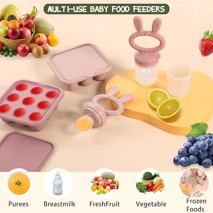 WAJIAYON Baby Breastmilk Popsicle Molds & Baby Fruit Feeder (4 Pack), Infant Food Freezer Tray Storage Containers, Silicone Teething Pacifier Feeder and Teether for Babies（Pink&Purple）