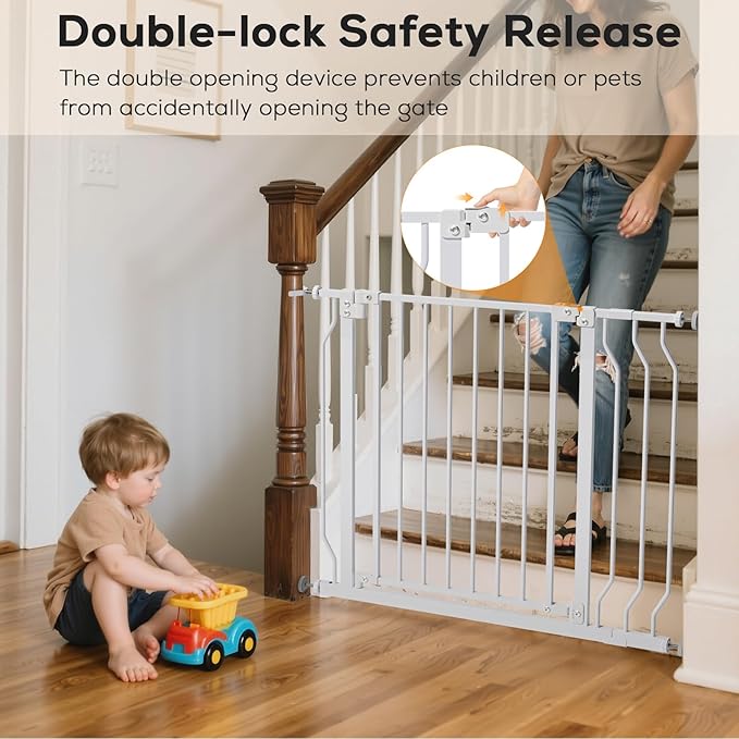 29-53" Baby Gate for Stairs, Baby Safety Essentials, Auto Close Gate for Doorways, Easy Install Pressure Mounted Dog Gate Indoor, Pet Gates for Dogs, White