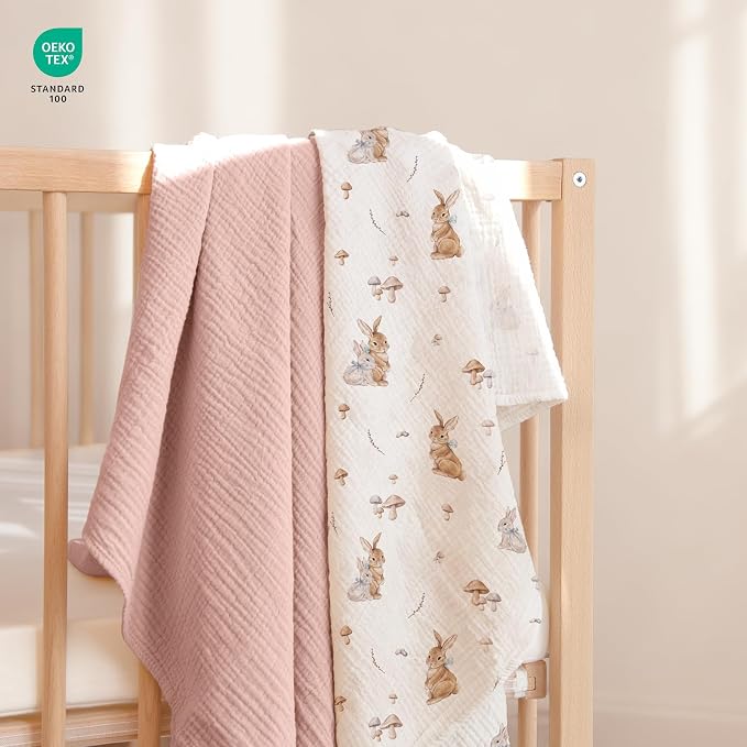 lulumoon Muslin Swaddle Blankets for Baby: Cotton & Soft Receiving Blanket for Newborn with Branche Printed- Neutral Gift for Baby Shower 2pack(Bunny)