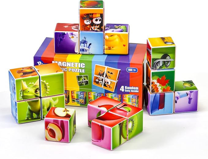 Pairez Toys Random 4 Sets of Magnetic Blocks for Toddlers, 4 Packs Total 16 PCS & 24 Patterns, Magnetic Puzzles for Kids 1-3, Preschool Learning Classroom Must Haves Puzzle Toys
