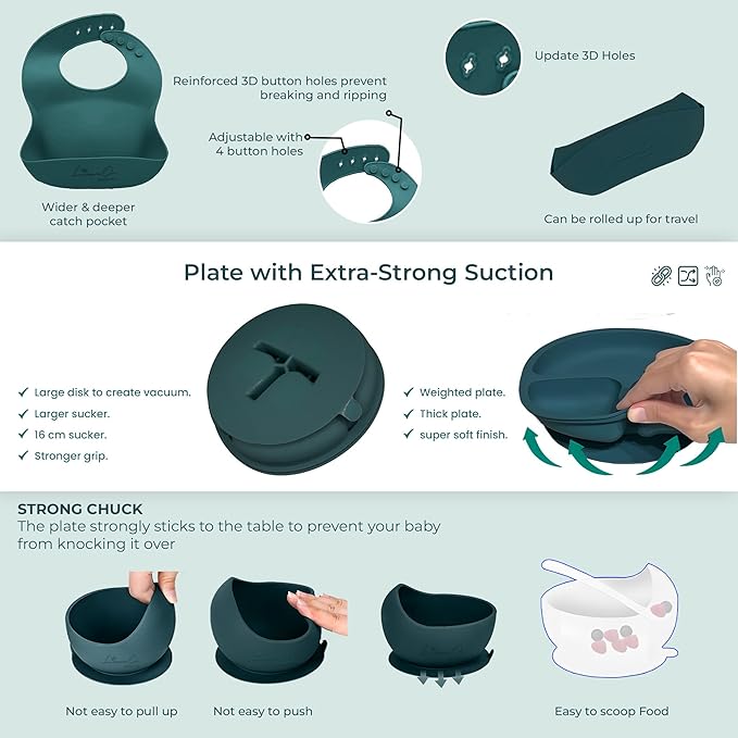 Silicone Baby Feeding Set, 10 Pcs Baby Led Weaning Supplies | BPA-Free Baby Dishes with Toddler Plates and Bowls Set, Silicone Bib, Suction Cup, Baby Spoons & Forks | Empower Independence ??Green