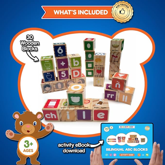 Alphabet Blocks Toys for Toddlers - Bilingual Educational Toys, Spanish Learning Toys, Stacking Toys with 30 Wooden Blocks and Toddler Learning Activities eBook