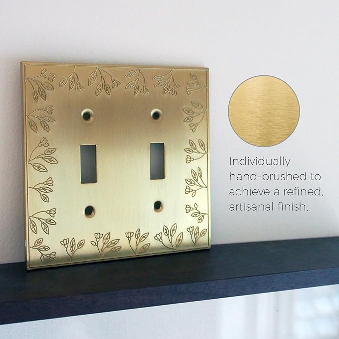 Rio Salto Double Toggle Light Switch Cover Plate Flip Switch Outlet Covers Decorative 2 Gang Electrical Socket Wall Plate Metal Protector Brushed Brass Gold Finish ??Floral Collection, Midsize 5" X 5"