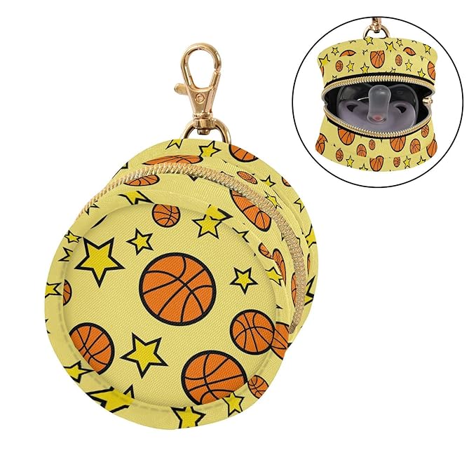 Basketballs Stars Yellow Print Pacifier Holder Case for Diaper Bag Portable Travel Pacifier Storage Case with Clip Newborn Baby Pouch for Outdoor Purse Baby Boys Girls