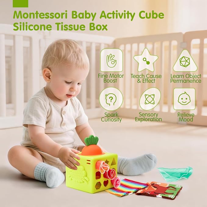 hahaland Silicone Baby Tissue Box Toy - Baby Toys 6-12 Months Montessori Toys for 6 Month Old Babies, 6-in-1 Soft Busy Activity Cube with Scarves, Crinkle, Textures, Mirror, Sensory Popper 9 Month Old