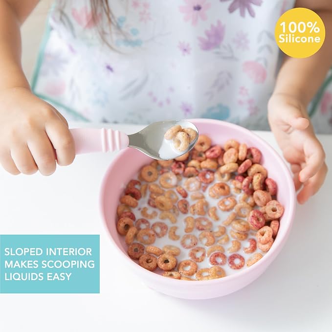 Bumkins Baby Bowl, Silicone Suction, for Babies, Toddlers and Kids, Baby Led Weaning, Feeding Essentials, Platinum Silicone, Non Skid Sticky Bottom, Supplies for Children Ages 6 Months Up, Pink