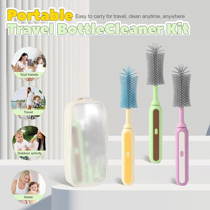 Electric Baby Bottle Brush Cleaner, 5-in-1 Travel Kit with Storage Bag, Food-Grade Silicone, Long Battery Life, Portable Baby Bottle Cleaner Brush Set, Ideal Gift for Parents & Babies (Yellow)