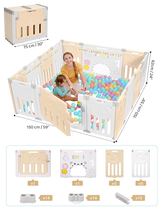 Baby Playpen, Dripex Baby Playard for Babies and Toddlers, 14-Panel Foldable Playpen Adjustable Portable Play Area, Indoor/Outdoor Kids Active Center with Game Panel & Safety Gate, Yellow White