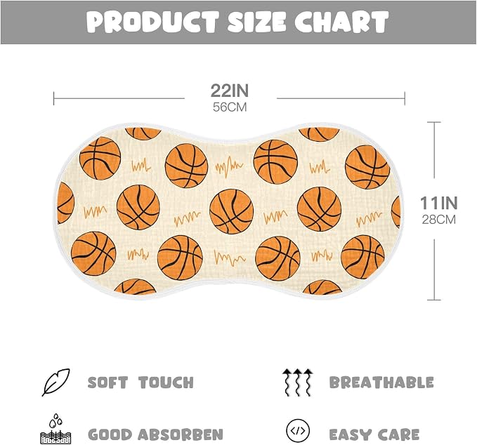 Muslin Burp Cloths for Baby Boys and Girls - 4-Pack Ultra Absorbent Basketball Muslin Washcloths, Newborn Towel, Milk Spit Up Rags, Burp Cloth Bib for Unisex, 22 x 11 Inch