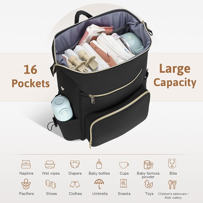 Lekesky Pañaleras para bebe, Diaper Bag Backpack for Baby, Large Capacity Diaper Bag with 16 Pockets, 1.52lb Lightweight Waterproof Diaper Backpack with Changing Pad, Stroller Bag for Mom Dad Travel