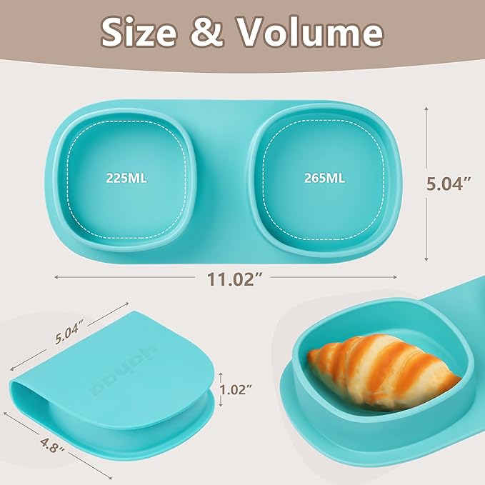 Silicone Foldable Novelty Dinner Plates, Baby Plates Travel Essential with Forks and Spoons, Microwave & Dishwasher Safe, Aqua