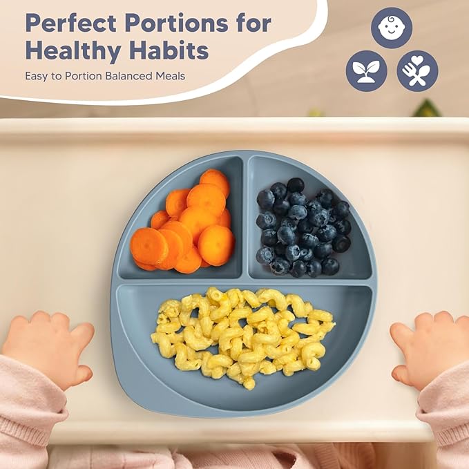 Suction Plates for Babies & Toddlers, 100% Silicone Divided Plates 2-Pack, Non-Slip Dishwasher & Microwave Safe Baby Feeding Essentials