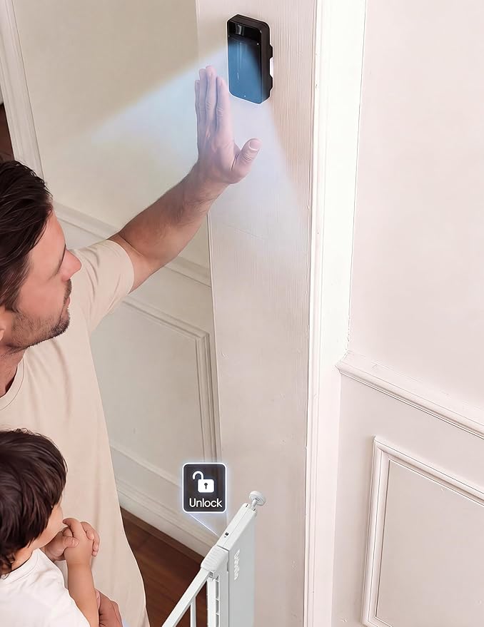 Babelio Smart Baby Gate with Auto-Unlock/Close, Pressure Mounted No Drill for Doorways/Top of Stairs. Pet/Dog Door Wide Walk Thru w/Infrared Sensor & Safety Alert (White, 30.3-47.2" W, 30" H)