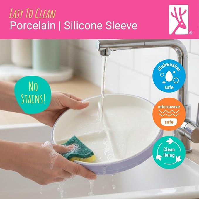 Elk and Friends Kids 6.7??Porcelain Divided Plates with Silicone Suction Sleeves | Suitable for Babies/Kids/Toddlers | Microwave & Dishwasher Safe | Non Slip | Snack Dishes | 4 Pack