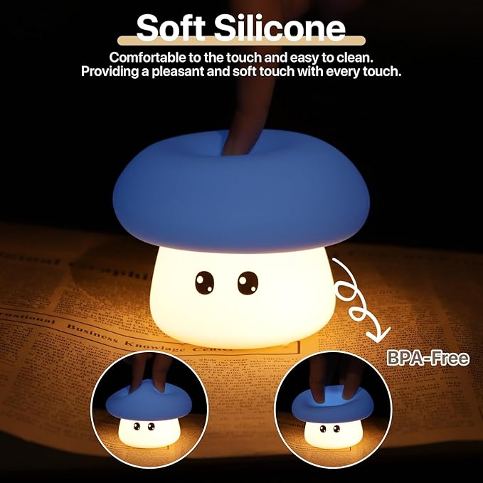 Cute Blue Mushroom Night Light for Kids Rechargeable, Battery Operated Nightlight 3 Level Dimmable with RGB&Timer, Silicone Touch Nursery Lamp for Baby Girls Boys Bedroom Gifts