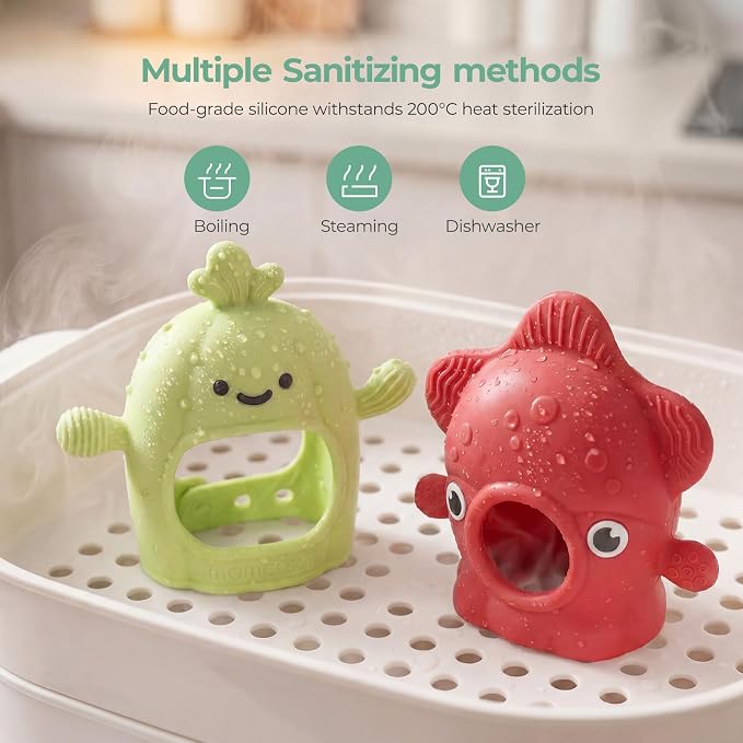 Momcozy Baby Teething Toys, Food Grade Silicone Baby Teether，Teething Mitten for Babies 0–6 Months，Teethers for Babies 6–12 Months，Anti Drop Wrist Teether with Multiple Chew Points， Grass Green