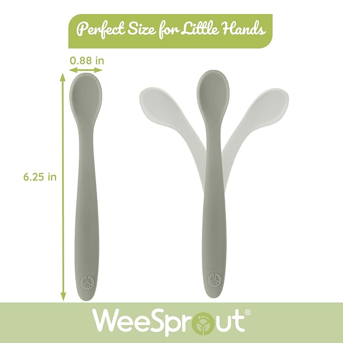WeeSprout 3 Silicone Baby Spoons & 2 Bowls with Lids Bundle - Soft-Tip, Bendable Feeding Utensils - Durable, Travel-Friendly, Dishwasher Safe - Beige & Purple