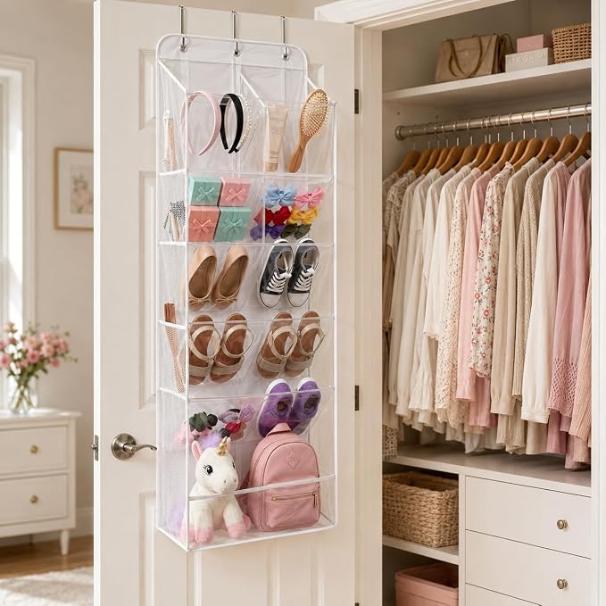 6 Tier Hanging Shoe Organizer – 100D Extra Thick Deep Pockets, Shoe Rack for Closet, Shoe Rack for Entryway, Shoe Organizer for Closet, Over the Door Shoe Organizer with 4 Side Pockets (Transparent)