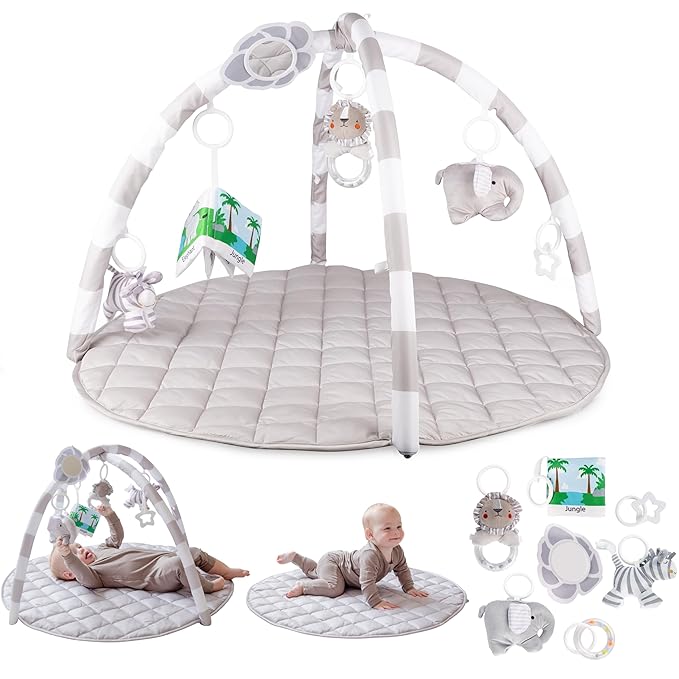 SnapPea Baby Company Baby Activity Mat. Gray Baby Play Mat, Tummy Time Mat with 6 Baby Toys. Non Slip, Soft Plush Baby Play Gym Mat. Portable Baby Gym, Infant Floor Playmat for Playroom, Nursery