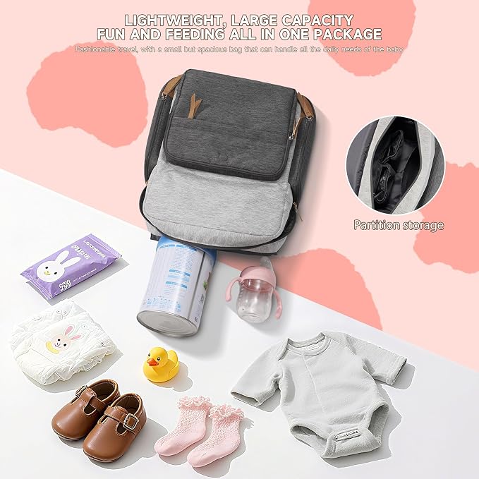 Large Diaper Bag Backpack, Baby Bag with Changing Pad, Diaper Backpack for Mom Dads, with Insulated Pockets, Stroller Straps Travel Essential Baby Shower, Grey