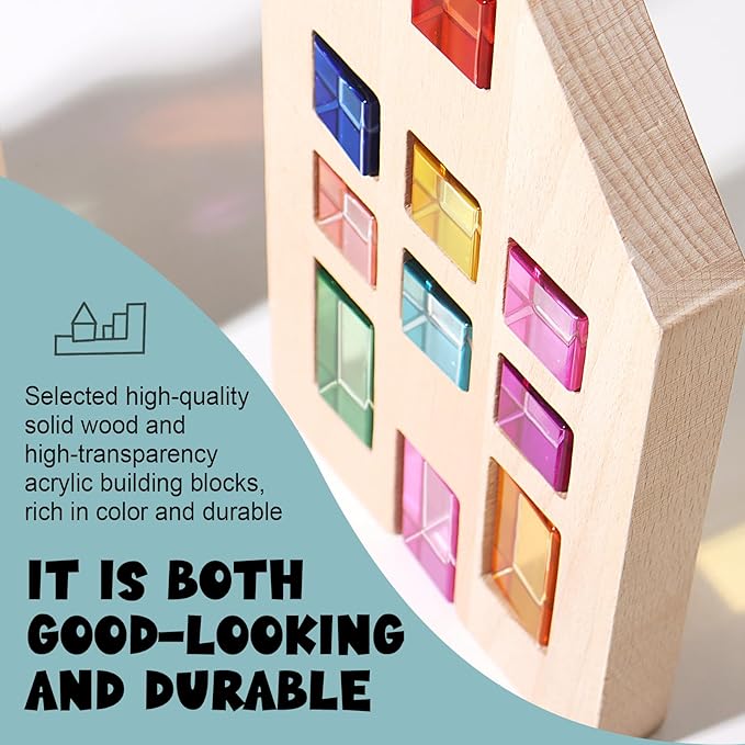 Dinhon 25 Pcs Acrylic Building Blocks with 3 Beech Wood Houses - 17 Cubes + 8 Long Blocks Rainbow Gem Set, Insert & Stack Sensory Toy for 1-5 Years Old Boys Girls, Creative Play Birthday Gift