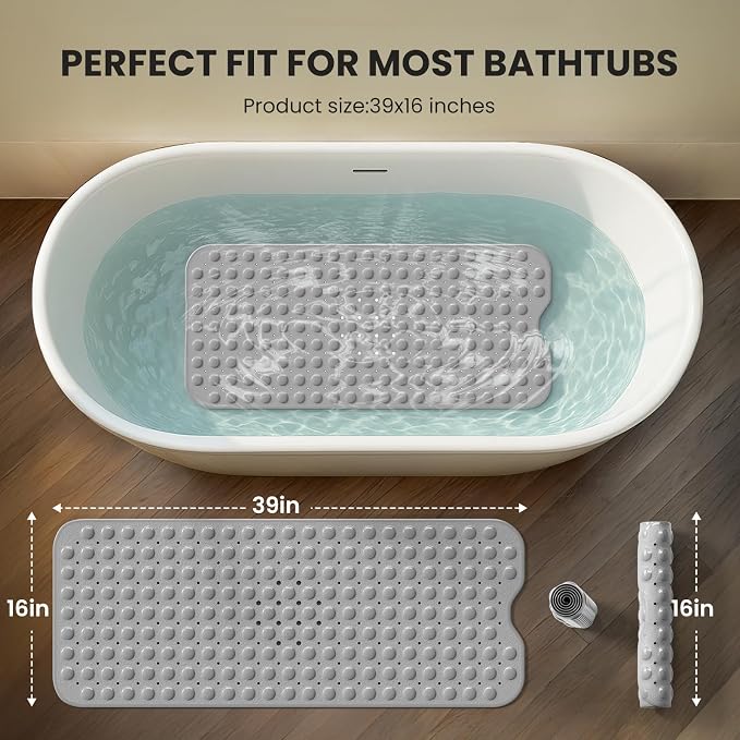 Non-Slip Bath Tub Mat, 39x16 Inch Extra Large Shower Mat with Drain Holes & Suction Cups, Machine Washable, Clear Blue