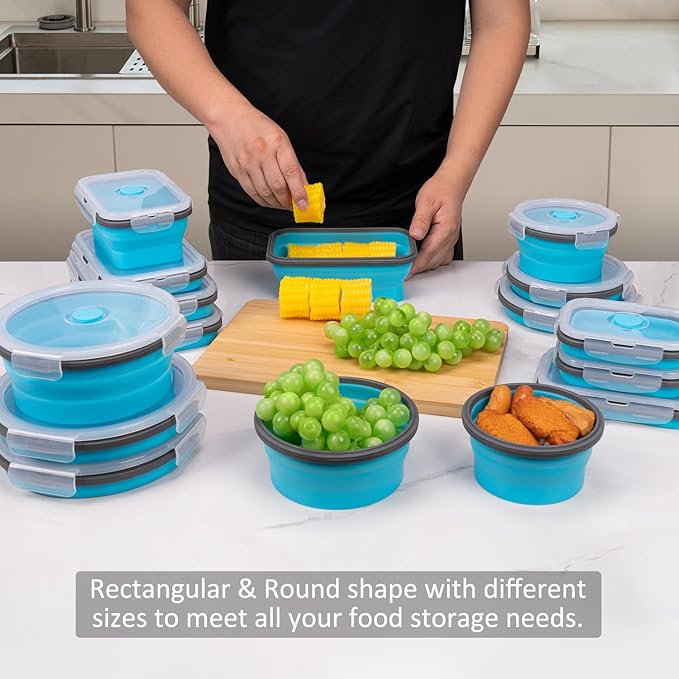 Collapsible Food Storage Containers with Lid & Air Vent, 16 Pack, 8 Rectangular + 8 Round, Foldable Silicone Lunch Containers Collapsible Bowls Set, Microwave Freezer Dishwasher Safe, Blue
