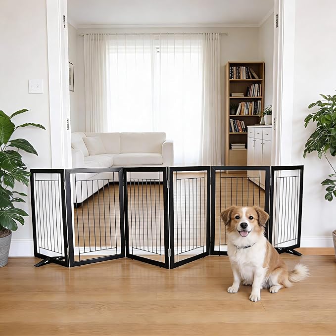 Dog Fence Indoor - 6-Panel Freestanding Dog Gate for Doorways, Hallways, House or Stairs -120x32-Inch Retractable Foldable Expandable Wood Pet by SFJC (Black)
