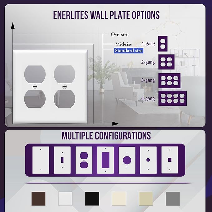 Enerlites 8822-W Duplex Receptacle Outlet Wall Plate, Standard Size 2-Gang, Polycarbonate Thermoplastic, White