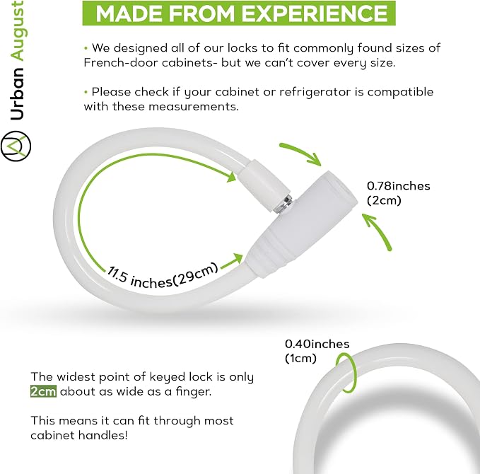 Urban August Child-Proof Refrigerator Lock for Kids & Adults - Lock for French Door Fridge and Cabinet (Small, White - 2 Pack)
