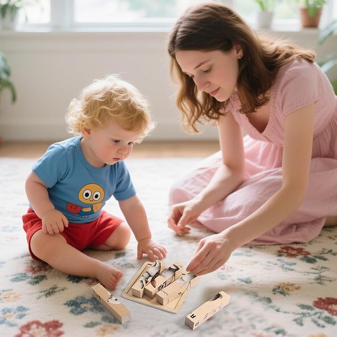 Promise Babe Wooden Forest Animal Puzzles Toy for Toddlers 1-3, 4-in-1 Montessori Toys Learning Educational Chunky Puzzle for 2-4 Years Old, Baby Boys Girls Gifts