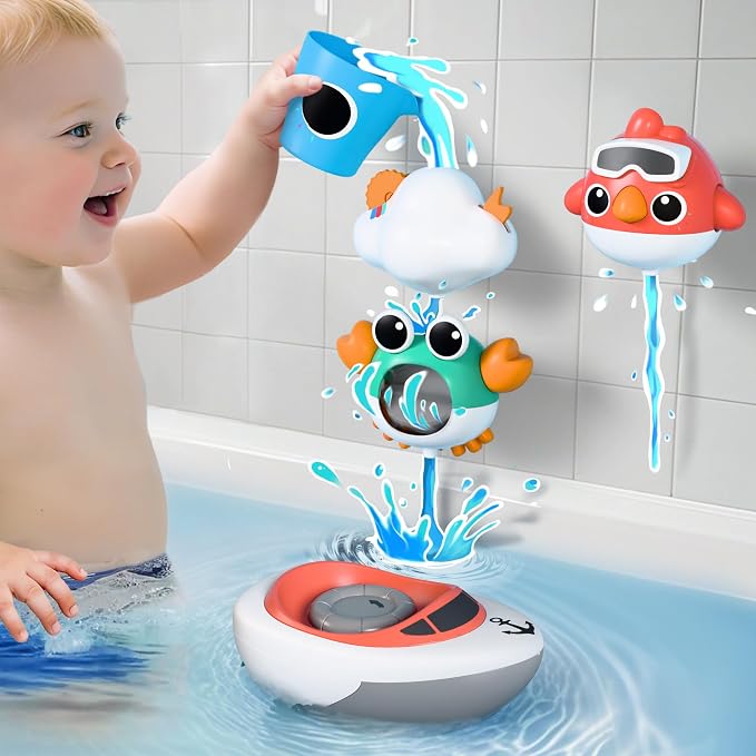 iPlay, iLearn Baby Bath Toy for Toddlers 1-3, Kids Bathtub Water Toy Set 6 8 9 12 Month W/ Shower Cup, Crab, Bird, Cloud & Wind Up Boat, Infant Fun Summer Pool Birthday Gift 2 3 4 Year Old Boys Girls