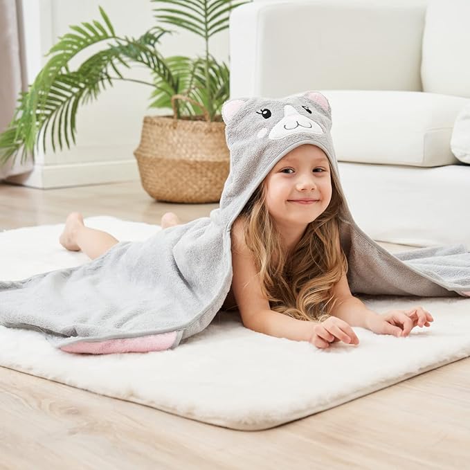 Style Quarters 100% Cotton Kids Hooded Bath Towel with Embroidery - Large 50"x24" Soft Terry Toddler Beach Towel, Cartoon Cat Hooded Towel for Boys & Girls (Grey Cat)