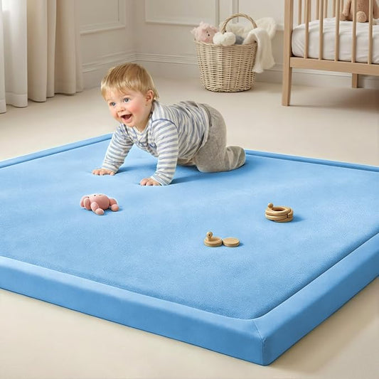 Goyuu Ultra Soft 1.3" Thick Baby Play Mat for Floor, 118x79 Playpen Mat Elasti-Foam Padded Crawling Mat for Babies, Toddlers, Infant, Kids, Non-Slip Backing Safe for Tummy Time Blue
