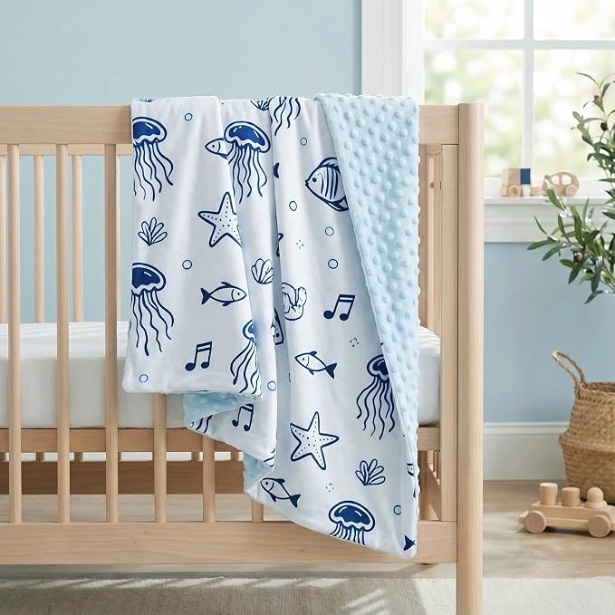 Under The Sea Baby Minky Blanket for Boys Girls, Ocean Creatures Soft Nursery Receiving Blanket with Double Layer Dotted Backing for Newborn Infant Toddler Crib Stroller 29.5 x 39.3 Inch