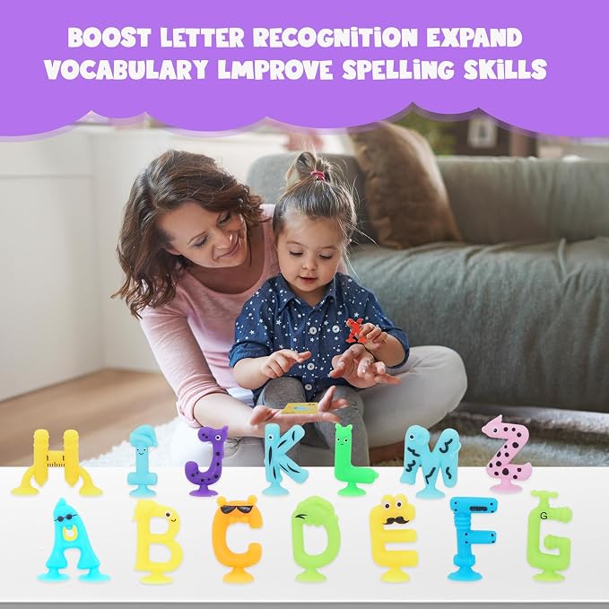 Alphabet Letters Learning Suction Toys: ABC Silicone Toys, Airplane/Windows/Car/Travel Toy for Kids, Preschool Educational Montessori Sensory Toy