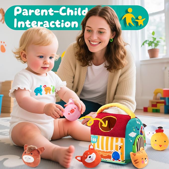 Baby Toys 6-12 Months - Soft Barn with Stuffed Farm Animals, Sensory Balls, Crinkle Paper & Mirror - Montessori Toys for Toddlers 1-3, 1 Year Old Boy Girl Gifts