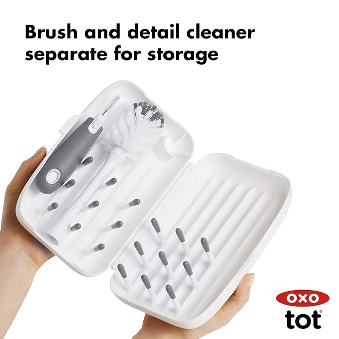 OXO Tot Bottle Brush with Nipple Cleaner and Stand – Gray, 2-Pack & Tot Travel Size Drying Rack with Bottle Brush- Gray