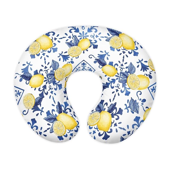 Blue Plaid and Lemon Breastfeeding Pillow Slipcover for Baby Newborn U-Shaped Breastfeeding Pillowcase Cushion Cover Breathable and Washable