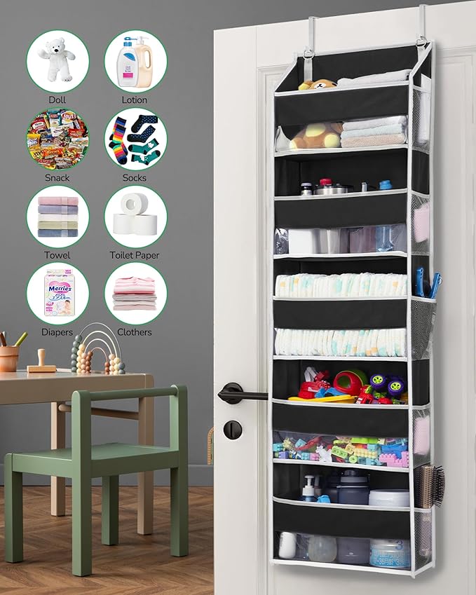 ULG 1 Pack Over The Door Organizer ??5 Shelf Door Organizer Hanging & 10 Side Pockets, Reinforced 44LB Capacity Hanging Organizer, Behind The Door Storage for Bedroom, Nursery, Pantry (Black)