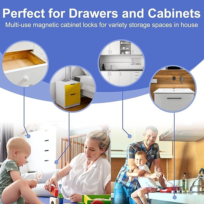 ROTOPATA Magnetic Cabinet Locks for Babies Child, Baby Proofing Safety Latch for Cabinets Drawers Cupboard Kitchen Bedroom, Adhesive or Screw Two Installation Methods(10 Locks & 2 Keys)