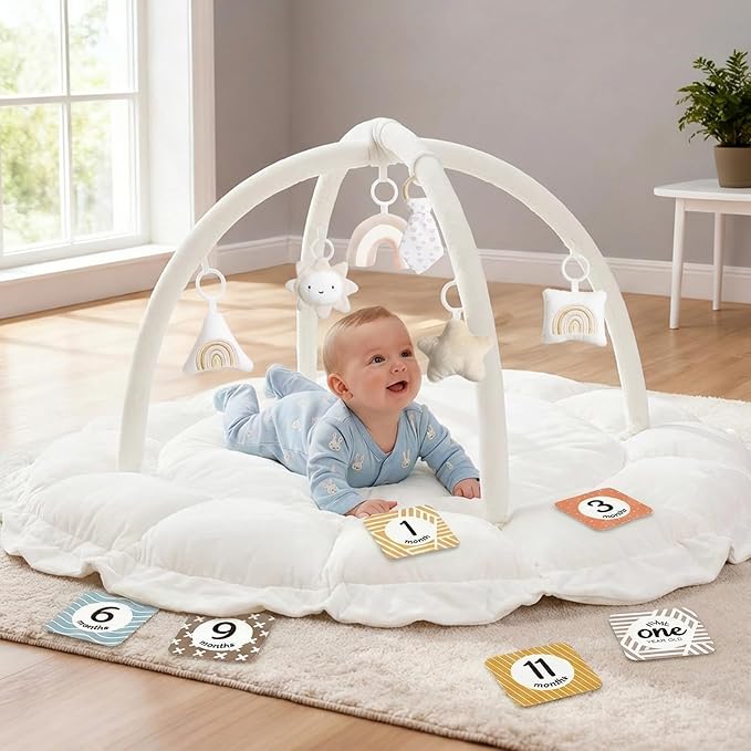 5-in-1 Thick & Plush Baby Play Gym, Baby Play Mats for Floor, Tummy Time Mat with 6 Toys, Convertible Stage-Based Developmental from Babies to Toddlers, Ball Pit, White
