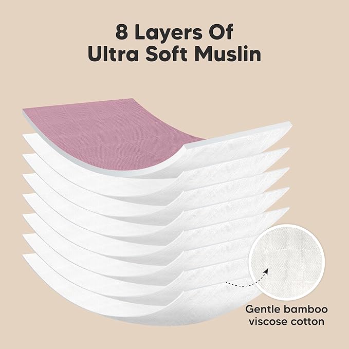 5-Pack Muslin Burp Cloths Baby Boy, Girl - Very Absorbent Baby Burp Cloth Rags, 8-Layers Viscose Derived from Bamboo Cotton Muslin Towel, Super Soft Spit Up Rags, No Shrink Washcloths (Mauve)
